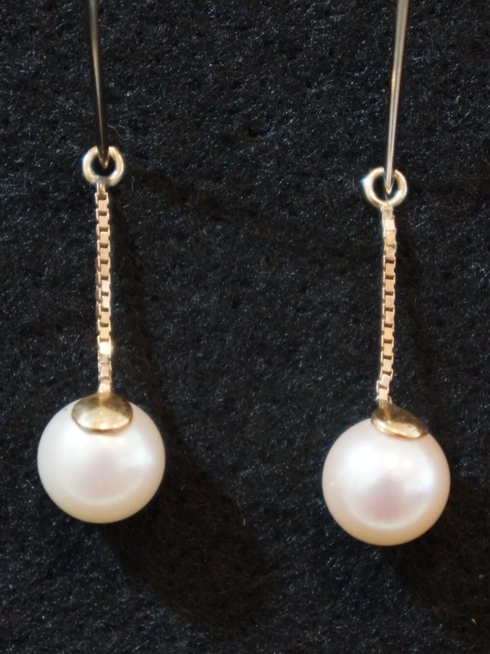 14K Solid Yellow Gold Genuine Pearl Drop Earrings Minimalist Dangle 1"
